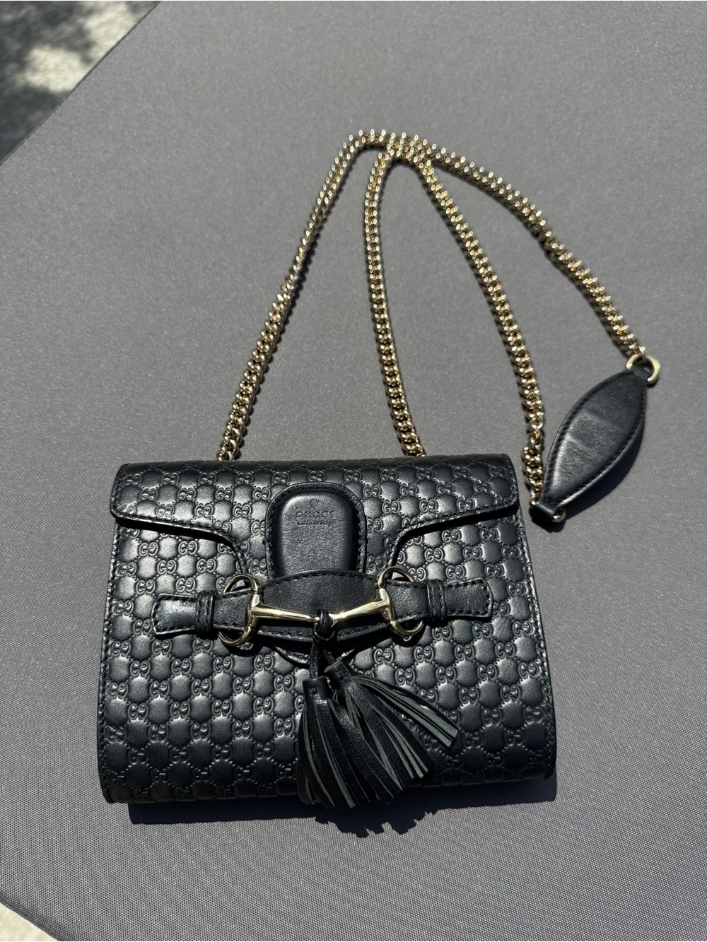 Gucci Emily Black Embossed GG Guccissima Crossbody with Gold Horsebit and Tassel - Picture 8 of 16